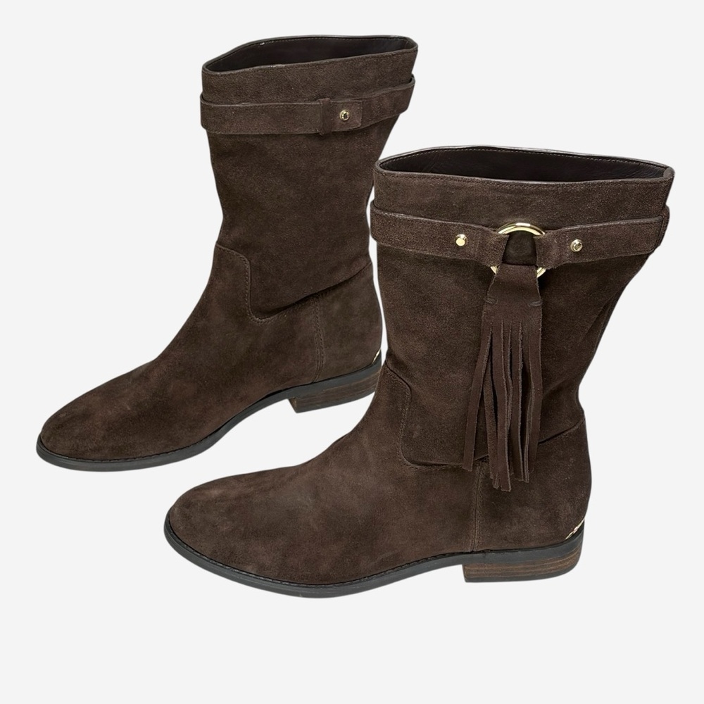 Michael Kors Rhea Brown Suede Fringe Mid-Calf Bootie Boots 7.5M - Picture 3 of 10